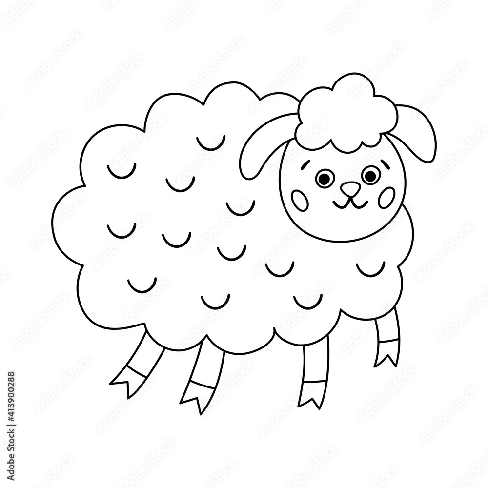 Obraz premium Vector black and white sheep icon. Outline cute smiling farm animal isolated on white background. Adorable ewe illustration for kids. Funny spring character or coloring page..