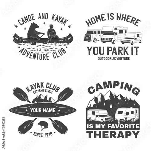 Set of Summer camp, canoe and kayak club badge. Vector. Concept for shirt or logo, print, stamp, patch. Vintage typography design with kayaker, camping tent, forest, mountain silhouette