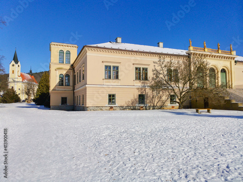 Park and Castle Cechy pod Kosirem, Moravia, Czech during winter, snow