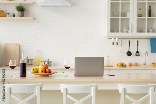 Scandinavian minimal style in kitchen decor, workplace and romantic for two © Prostock-studio