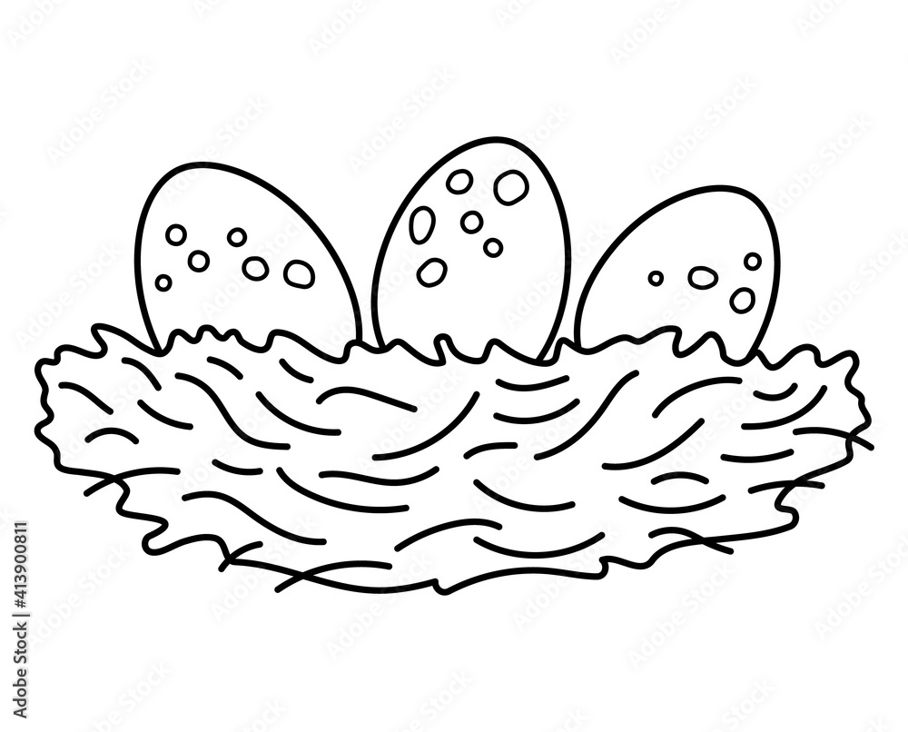 Vector black and white bird nest with eggs icon. Outline farm or Easter illustration isolated on white background. Cute spring picture or coloring page for kids. Vector black and white bird nest with eggs icon. Outline farm or Easter illustration isolated on white background. Cute spring picture or coloring page for kids.