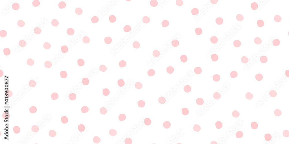 Random drawn dots seamless pattern. Pink circles in a chaotic vector pattern. Polka dots soft colors seamless pattern. Pink spots on a white background for fabric, textile, wrapping