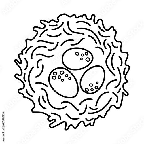 Vector black and white bird nest with eggs icon. Outline farm or Easter illustration isolated on white background. Cute spring picture or coloring page for kids.