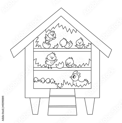 Vector black and white cute roost icon with hatching chicks and hen inside. Outline perch illustration for kids. Farm or garden birds house isolated on white background. Hen-coop coloring page.