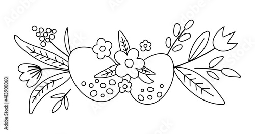 Vector black and white Easter horizontal decorative element. Cute outline composition with eggs, plants and leaves. Spring icon. Holiday floral design or coloring page with first flowers and eggs..