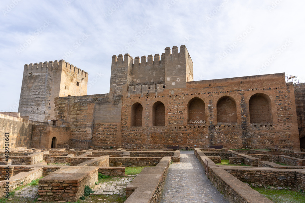 view of the Alcazaba fortress and the Barrio Castrense in the Alhambra palace compelx in Granada