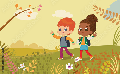 Illustration of the boy and girl with the backpack walk at Park. Two friends talk to each other, go back to school through Autumn park. Preschool kids go to school. Montessori Children.