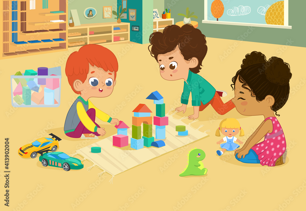 Children sit in circle and play with toys in the kindergarten classroom, play with wooden toy blocks, cars, doll and laugh. Learning through entertainment concept. Vector illustration for flyer Children sit in circle and play with toys in the kindergarten classroom, play with wooden toy blocks, cars, doll and laugh. Learning through entertainment concept. Vector illustration for flyer