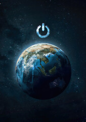 Planet Earth sphere and electric power button. Earth hour and day event. Ecology and environment. Elements of this image furnished by NASA