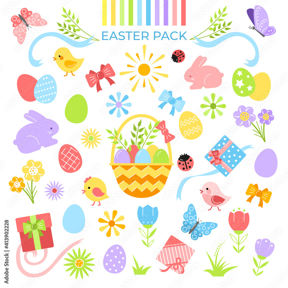 Easter pack. A set of Easter elements. Painted eggs, flowers, cute chickens and rabbits. Vector images isolated on a white background in a cartoon style. Easter pack. A set of Easter elements. Painted eggs, flowers, cute chickens and rabbits. Vector images isolated on a white background in a cartoon style.