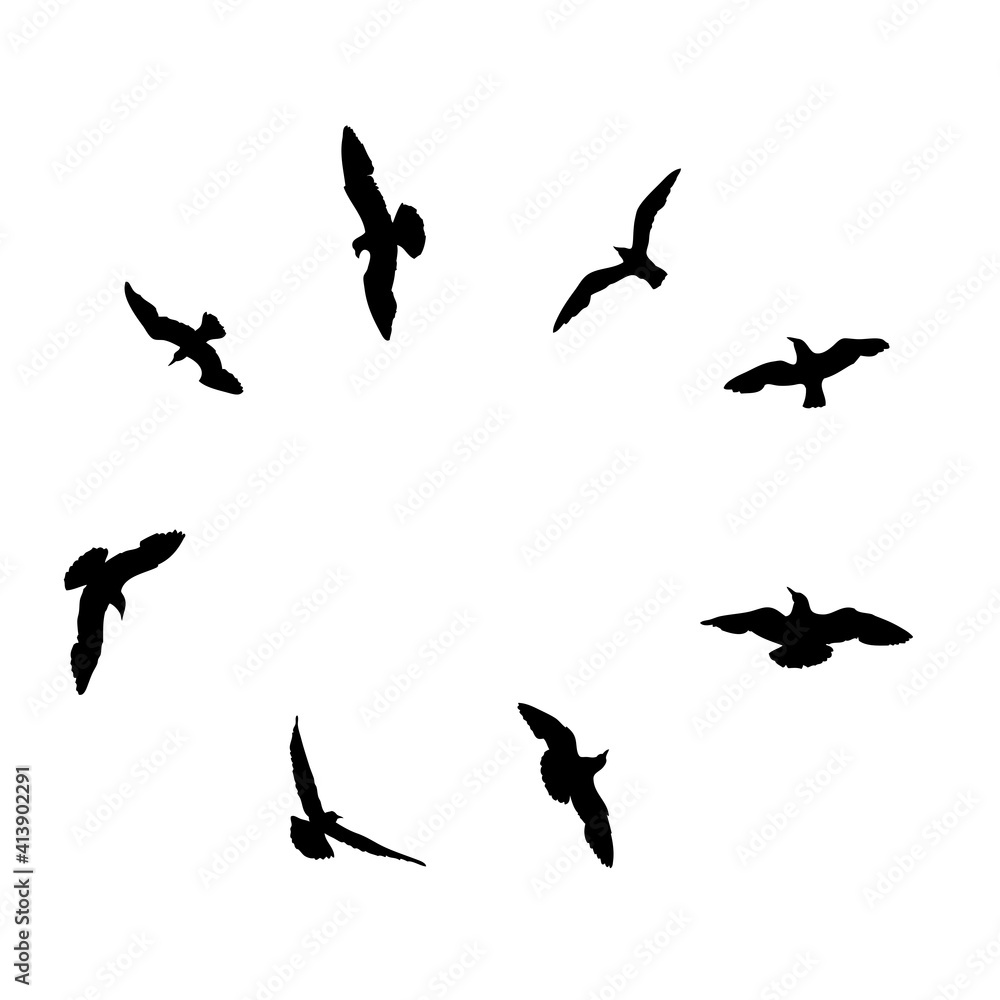 Silhouette of flying seagulls birds on white background. Inspirational sail body flash tattoo ink of sea gulls. Vector.