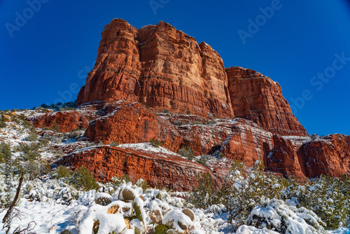 Snow Coverds the Cactus in Front of Courthouse Butte