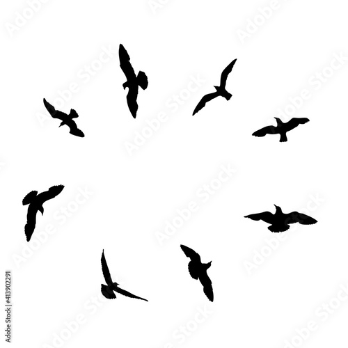Silhouette of flying seagulls birds on white background. Inspirational sail body flash tattoo ink of sea gulls. Vector. © desertsands