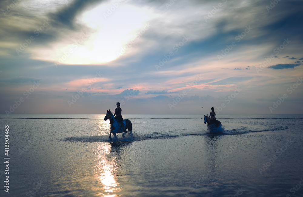 horses in sunset sea