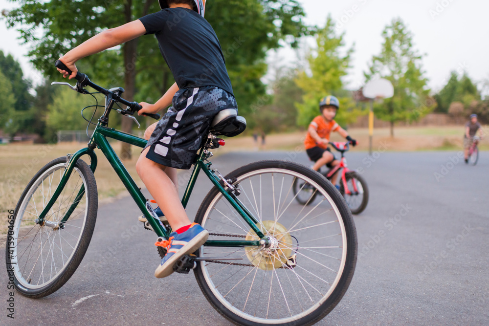 Brothers riding bicycles on road against trees in park Brothers riding bicycles on road against trees in park