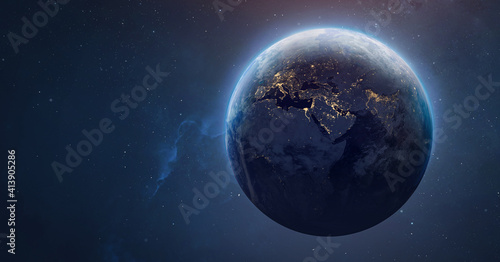 Fototapeta Naklejka Na Ścianę i Meble -  Sphere of nightly Earth planet in outer space. City lights on planet. Life of people. Solar system element. Elements of this image furnished by NASA