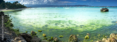 Summer getaway destination in the Philippines. White sands and turquoise colored sea in Boracay island .