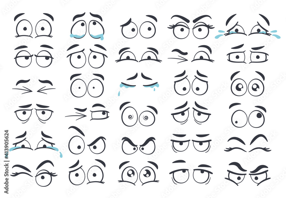 Cartoon eyes. Hand drawn eye emotions, funny eyes expression and blink