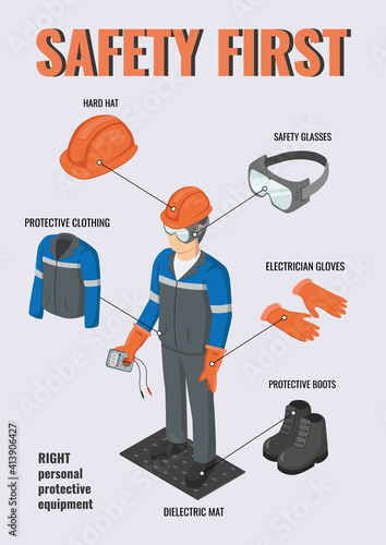 Work safety. Isometric electrical engineer wearing helmet, gloves, protective glasses, clothing and boots near breaker box. Vector infographic about safety equipment. PPE. 