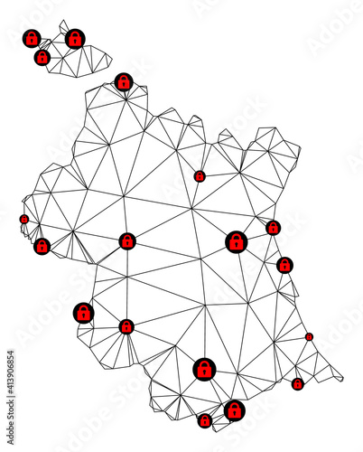 Polygonal mesh lockdown map of Valencia Province. Abstract mesh lines and locks form map of Valencia Province. Vector wire frame 2D polygonal line network in black color with red locks.