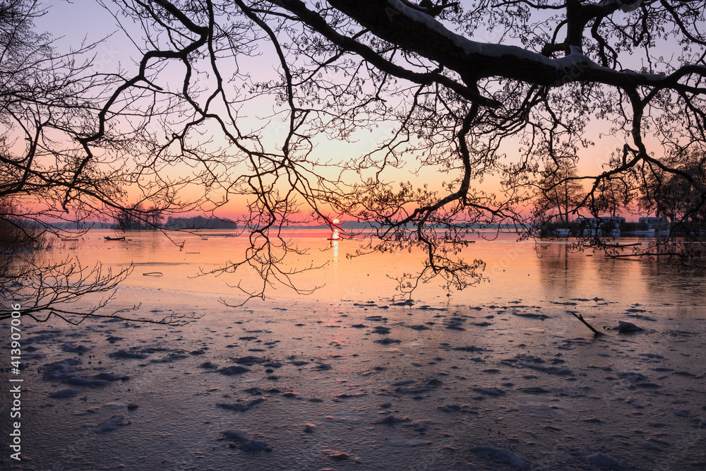 Frozen lake with silhouette of bare branch in winter at sunset Frozen lake with silhouette of bare branch in winter at sunset