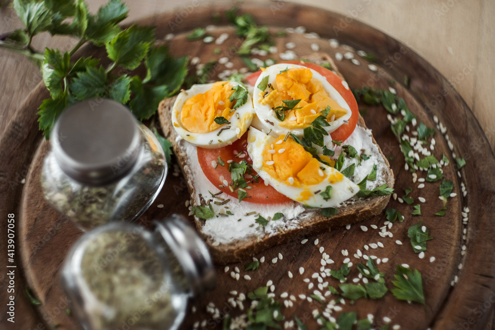 bruschetta with tomato and eggs isolated on plate.
