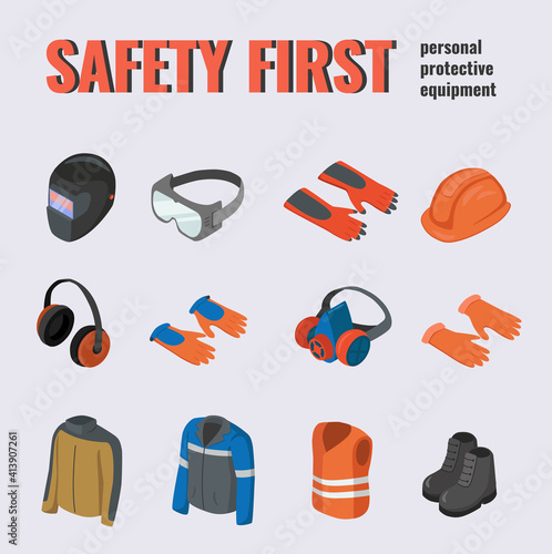 Safety equipment PPE Construction protection set. Collection of flat vector isometric icon
