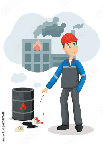Flat vector poster about work safety. Worker in uniform is throwing a cigarette near flammable barrel of oil. As a result, an accident is possible.