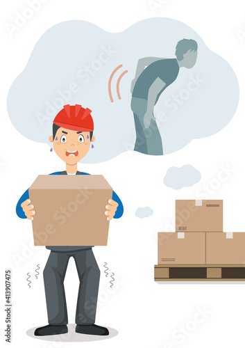 Flat vector poster about work safety. Worker in uniform doesn't observe the rules of carrying weights by hands . As a result, he can hurt his back.