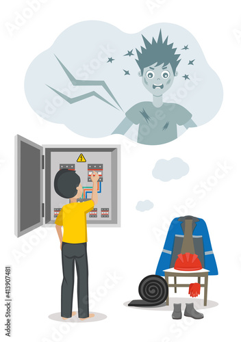 Flat vector poster about work safety. Electrical engineer is working without personal protective equipment.  As a result, an accident is possible.