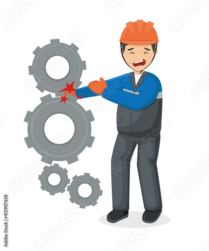 Work safety and accident. Occupational injury. Industrial safety. Vector cartoon. Worker's hand caught in the mechanism