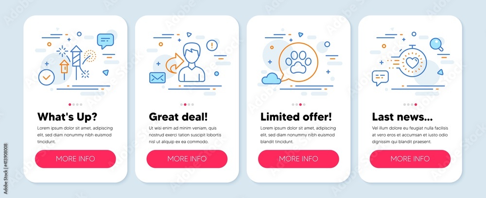 Set of line icons, such as Share, Fireworks rocket, Pets care symbols. Mobile screen mockup banners. Timer line icons. Male user, Pyrotechnic salute, Dog paw. Deadline management. Share icons. Vector