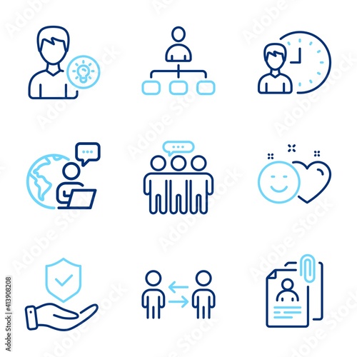 People icons set. Included icon as Insurance hand, Working hours, Teamwork business signs. Person idea, Interview documents, Management symbols. Employees group, Smile line icons. Vector