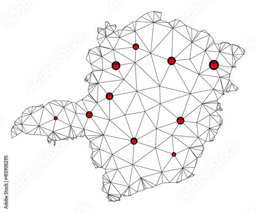 Polygonal mesh lockdown map of Minas Gerais State. Abstract mesh lines and locks form map of Minas Gerais State. Vector wire frame 2D polygonal line network in black color with red locks.