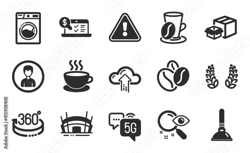 Online accounting  Cloud upload and Cappuccino icons simple set. Coffee cup  Packing boxes and Person signs. 5g internet  Washing machine and Search symbols. Flat icons set. Vector