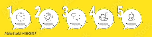Verified internet, Chat message and Rating stars line icons set. Timeline process infograph. Time sign. Confirmed web, Speech bubble, Thumb up. Clock. Technology set. Vector