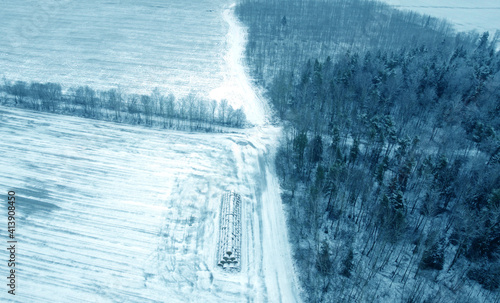 Aerial view from drone on blue snowy forest in winter © Payllik