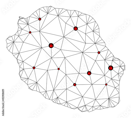 Polygonal mesh lockdown map of Reunion Island. Abstract mesh lines and locks form map of Reunion Island. Vector wire frame 2D polygonal line network in black color with red locks.