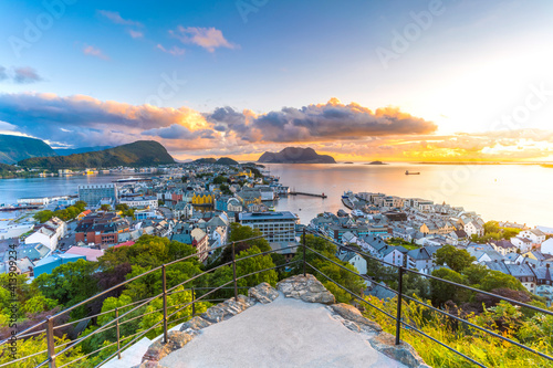 Alesund at sunset from Strykejernet viewpoint, Norway photo