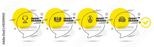 Laureate award, Winner reward and Award cup line icons set. Timeline infograph speech bubbles. Sports stadium sign. Prize, Trophy, Championship arena. Sports set. Infographics timeline banner. Vector