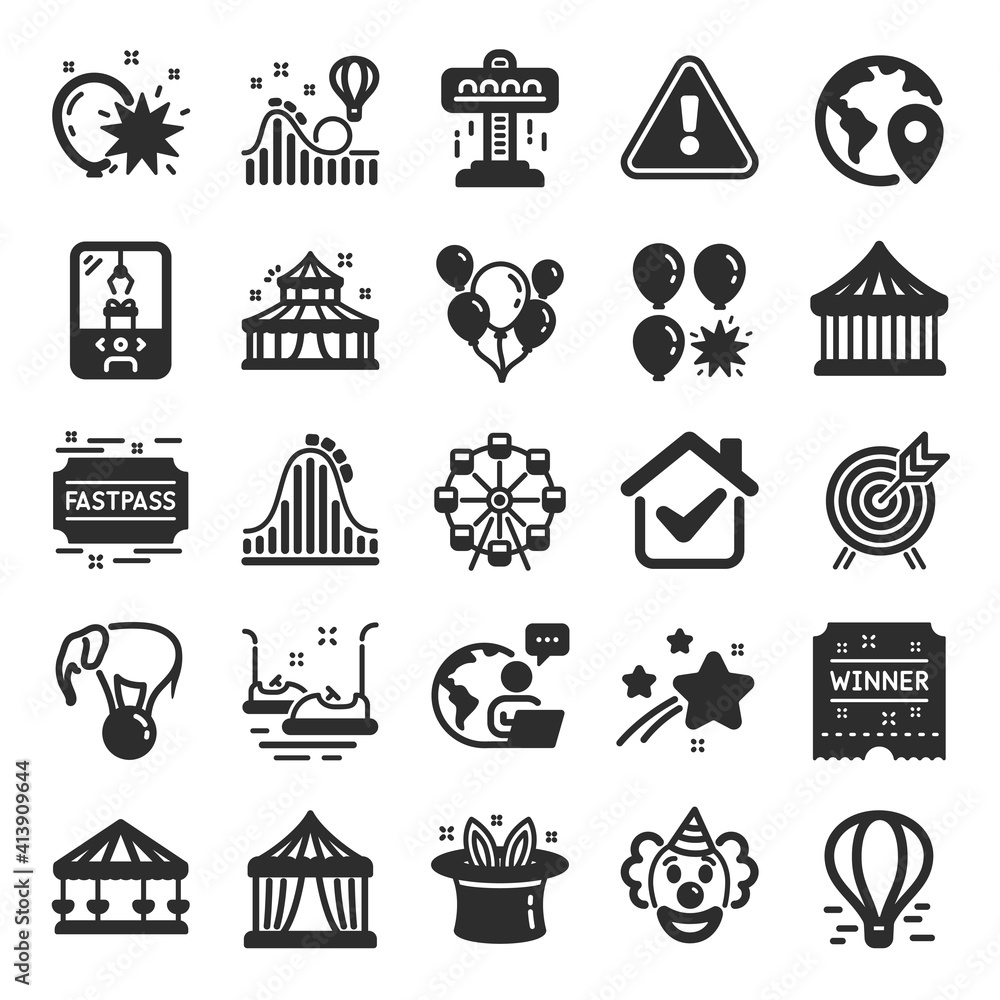 Naklejka premium Amusement park icons. Set of Carousel, Roller coaster and Circus icons. Air balloon, Crane claw machine and Fastpass symbols. Circus amusement park tickets. Ferris wheel carousel. Vector
