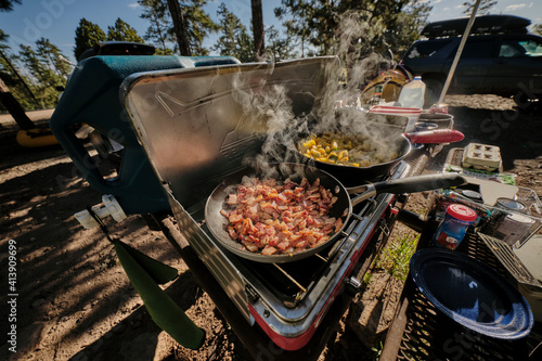 Bacon and Eggs in the morning, Mogollon rim camp breakfast in Arizona.
