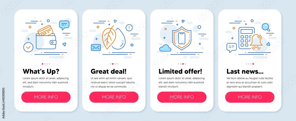 Set of line icons, such as Debit card, Smartphone protection, Mineral oil symbols. Mobile screen mockup banners. Calculator alarm line icons. Wallet with credit card, Phone, Organic tested. Vector