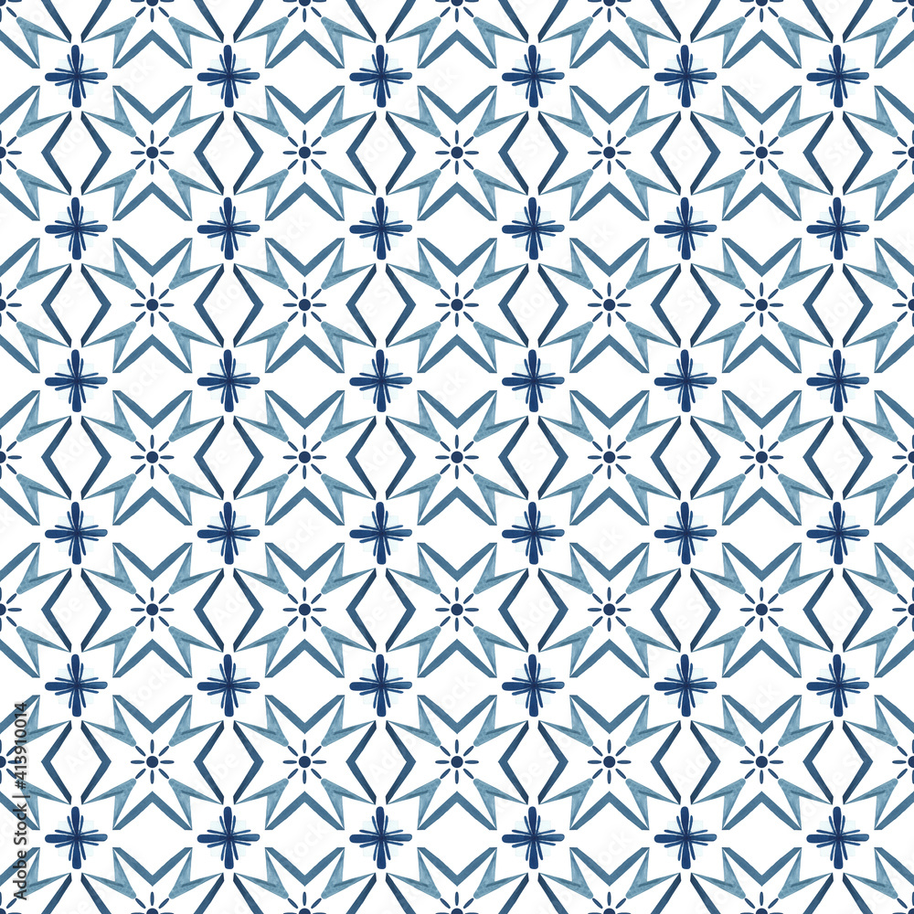 Fototapeta premium Watercolor seamless patterns in Azulejo style - Portugal painting style Hand painted digital paper in different shades of blue. Scrapbook, wrapping paper, wall paper, textile & fabric design