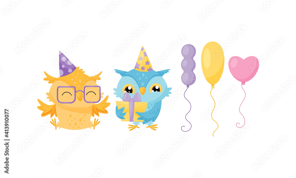 Funny Owl with Toy Balloon and Wrapped Gift Box Vector Set Funny Owl with Toy Balloon and Wrapped Gift Box Vector Set