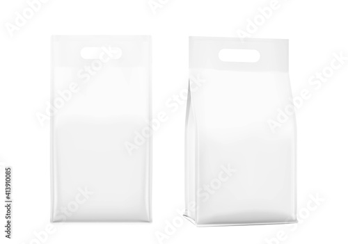 Realistic bags with handle isolated on white background. Front, isometric view. Vector illustration. Can be use for template your design, presentation, promo, ad. EPS 10.	