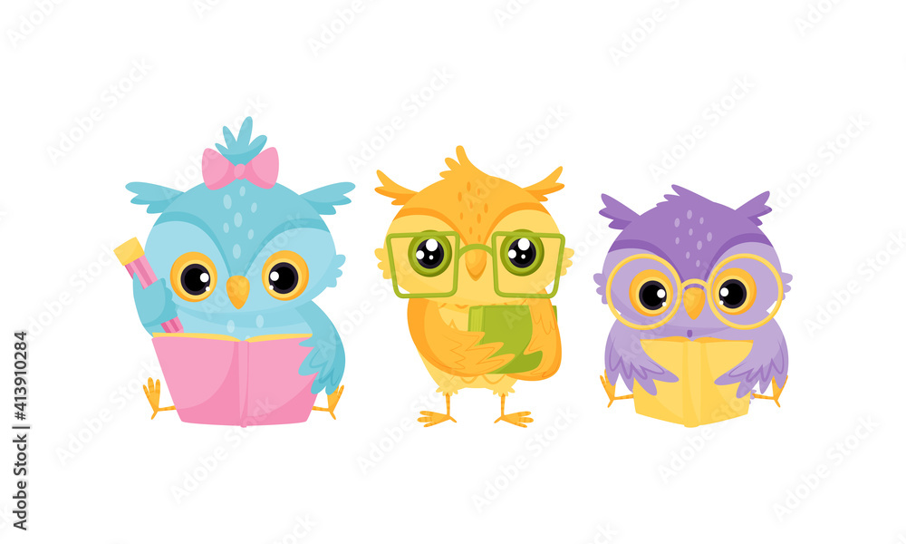 Funny Owl in Glasses Reading Book Vector Set Funny Owl in Glasses Reading Book Vector Set