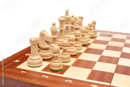 Chessboard game wooden figures isolated on white background