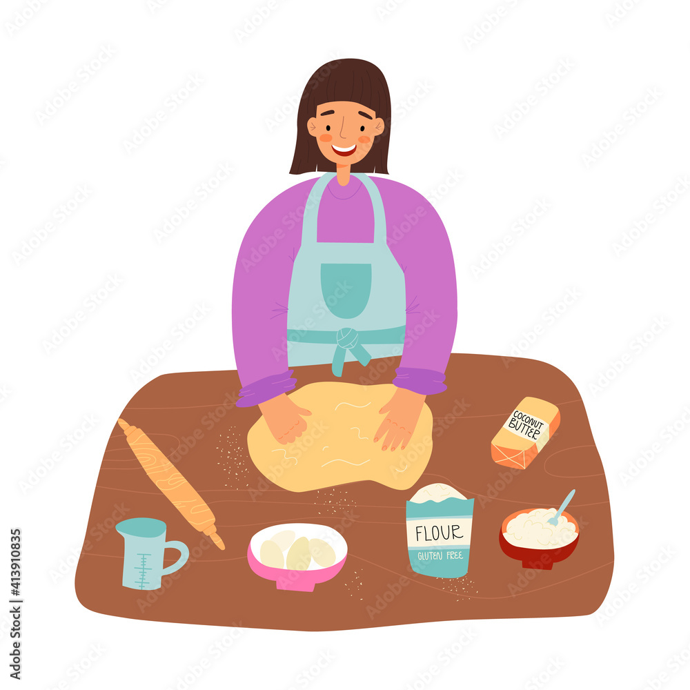 Home pastime, healthy cooking concept. Woman make a healthy pastry from gluten free flour, coconut sugar and butter. Home pastime, healthy cooking concept. Woman make a healthy pastry from gluten free flour, coconut sugar and butter.