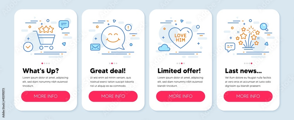 Set of Holidays icons, such as Shopping rating, Love him, Smile face symbols. Mobile screen mockup banners. Fireworks stars line icons. Supermarket stars, Sweetheart, Chat. Pyrotechnic salute. Vector